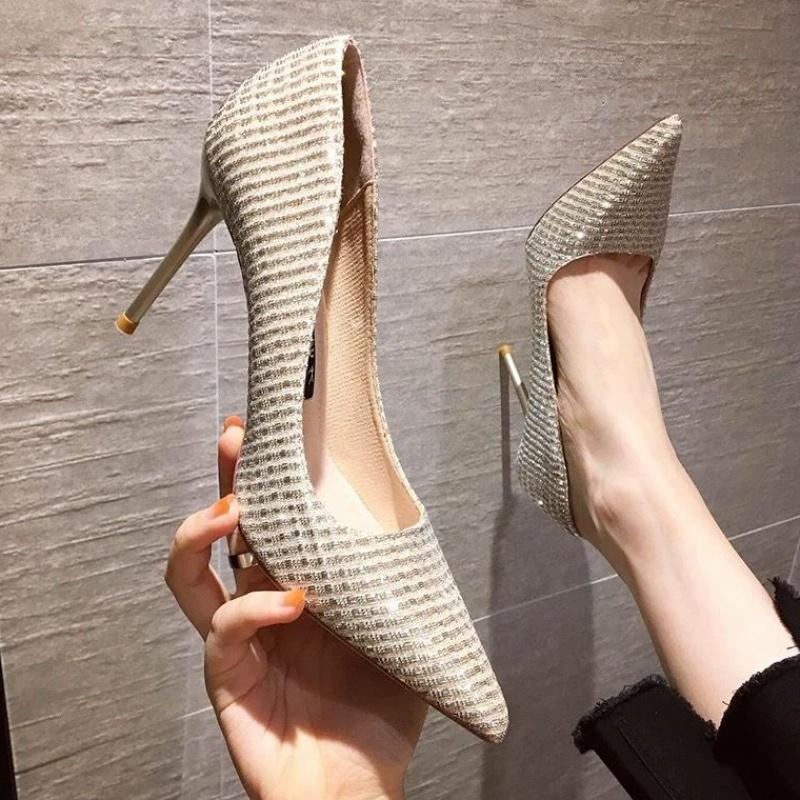 

2020 new sequin cloth fashion wild fine heel pointed sexy single shoes women, Silver