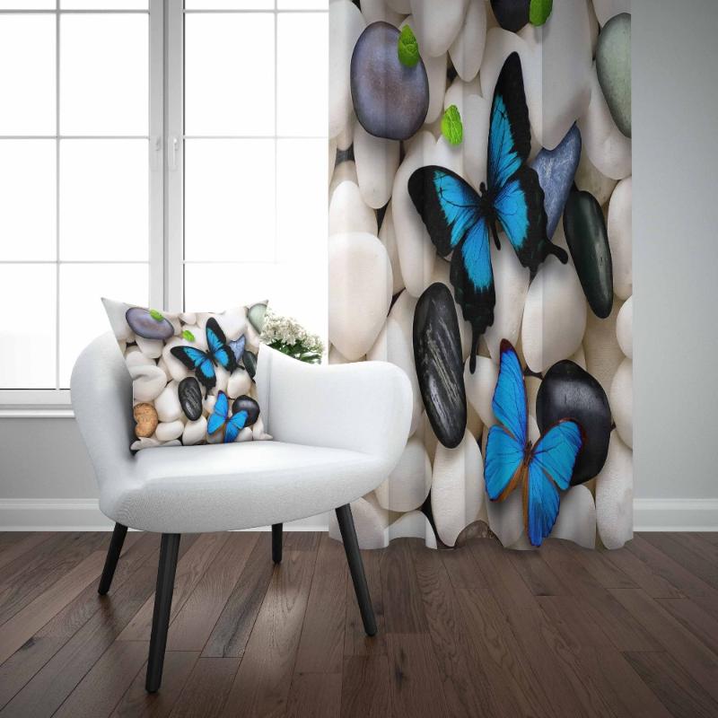 

Else White Black Pebble Stones on Blue Butterfly 3D Print Living Room Bedroom Window Panel Curtain Combine Gift Pillow Case, As pic