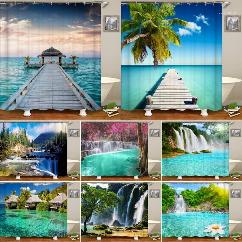 

Sea Beach Scenery Print Shower Curtain Waterproof 3D Waterfall Landscape Bathroom Curtain with 12 Hooks Home Decoration1