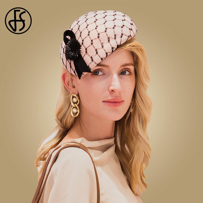 

FS Fascinator Hat For Wedding Women Winter Wool Felt Pink Pillbox Hats 2020 Lady Vintage Fashion Fedora Hats Chapeau Femme, Light pink