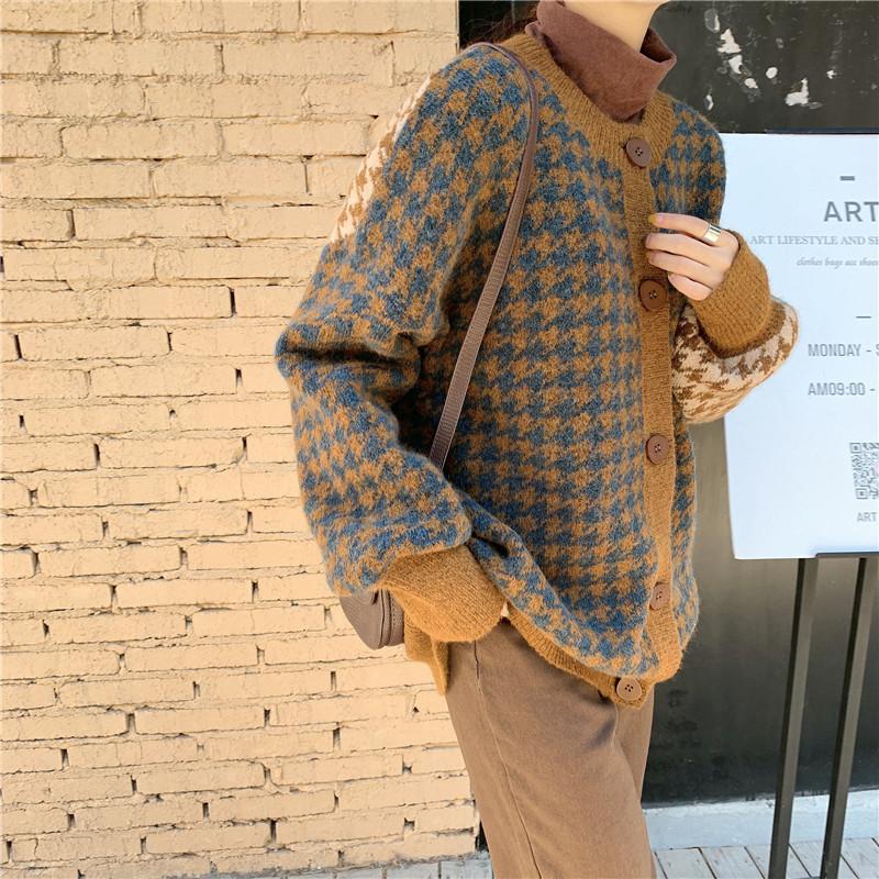 

CBAFU Houndstooth Plaid Sweater Women Vintage Patchwork Loose Single Breasted Sweater Cardigan Autumn Winter Jumpers O-Neck F779, Green