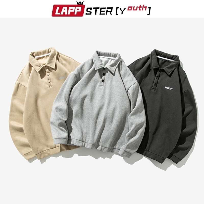 LAPPSTER-Youth Men Solid Korean Harajuku Patchwork Hoodies Autumn Pullover Casual Sweatshirts Turndown Collar Clothing 201114