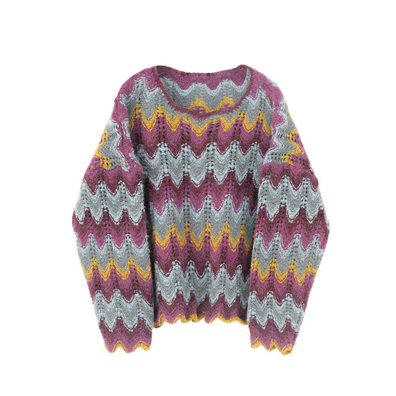 

Mohair Pullover Sweater Women Tops Korean Style Spring Autumn Wave Pattern Knitted Sweaters Outerwear Long Sleeve Pull T7056, No1