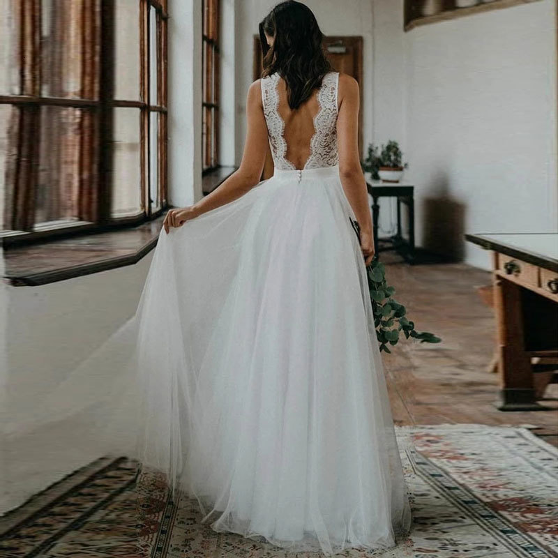 

2021 New Elegant Ribbon Low-cut V-sleeveless Sleeves Soft Tulle Wedding Gowns Gown As Bride Dressed Novice Robe XJCT, Same as image