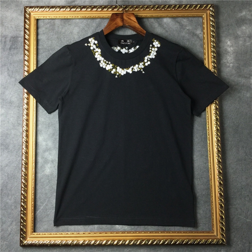 

100% Cotton Tees Embroidered Plum Casual Mens O-neck Shirts Fashion Men' Tops T-shirt Short Sleeve Men Tshirt 2lik, Black