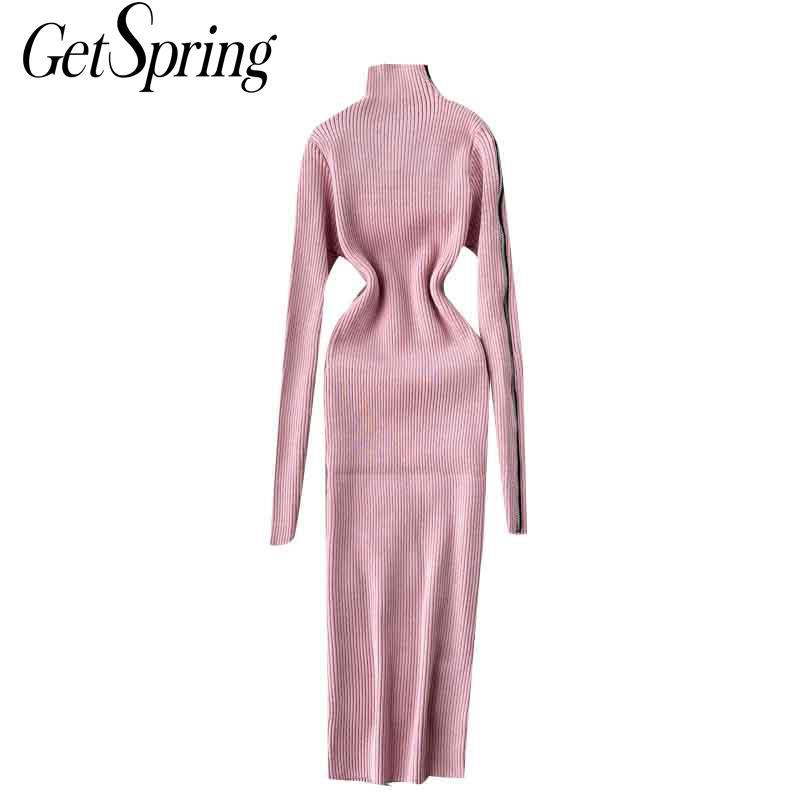 

Getspring Women Dress Vintage Knitted Turtleneck Sweater Dresses Women Long Sleeve Sexy Autumn Winter Dresses 2020 New, Pink