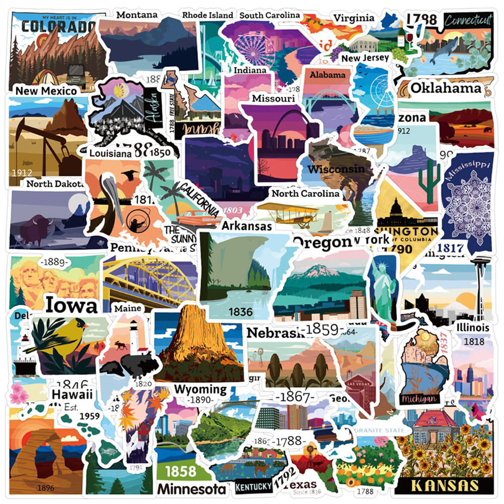 

Pack of 50Pcs Wholesale United States Map Stickers For Luggage Skateboard Notebook Helmet Water Bottle Phone Car decals Kids Gifts, Multi-color