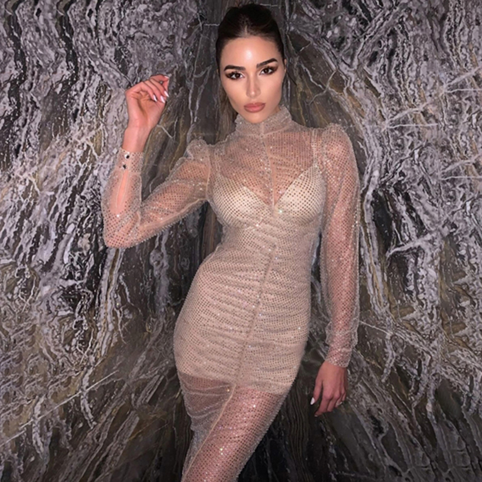

New Fashionable 2020 Transparent Sexy Women Knit Long Sleeve Sequins to the Knee Dressed Party Dress 6b95, Apricot