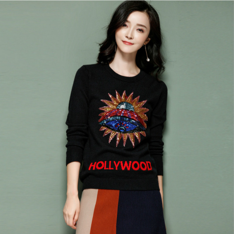

European Bluffs of Women Lantejoulas Luxo Drive Caricature Female Autumn Malha Letter Top Single Street Occasional Puzzle Zs7d, Black