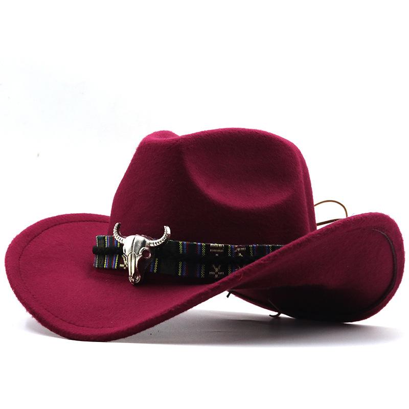 

Europe US cross border western cowboy hat horn woolen jazz top hats men and women ethnic style big - brimmed cap a2, Blue;gray