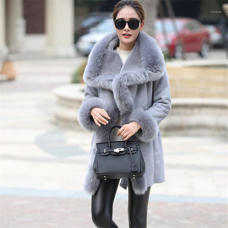 

New Hot Sale Fashion Winter Women Faux Fur Coat Leather Big Turn-down Collar Long Jacket Khaki Color FF0271, Gray