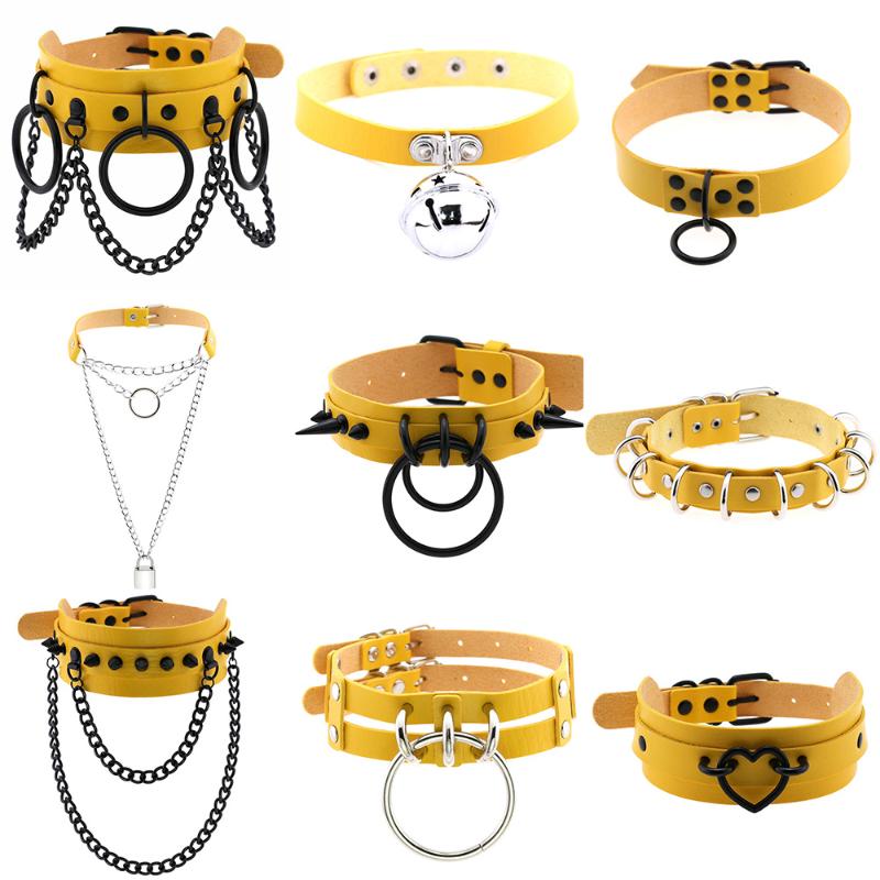 

Chokers Stainless Steel Round Pendant Spike Choker Yellow PU Leather Collar Punk Necklace Gothic Jewelry For Women Neck Accessories