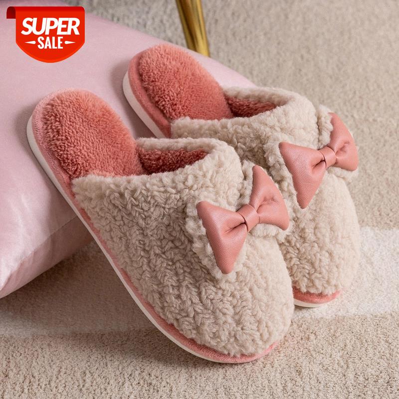

Woman Slippers Winter Plush Warm Home Slides Bow Soft Sole Indoor Bedroom Slippers Lovely Cartoon Fur Flat House Shoes #j02K, Brown