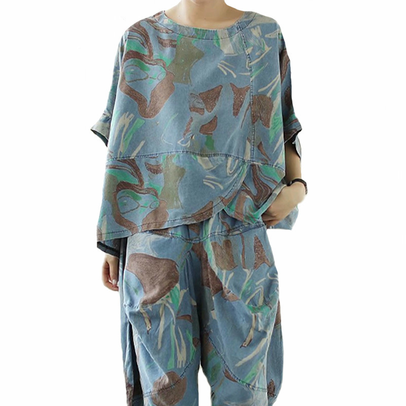 

Female Two Pieces Define Vintage Printed Ladies Denim Suits and Plus Size Komplet Pants Ivzl, Blue