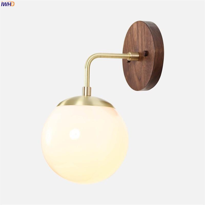 

IWHD Nordic Modern Glass Ball Wall Light Fixtures Bedroom Bathroom Mirror Beside Wood Copper Wall Lamp Sconces LED Wandlamp