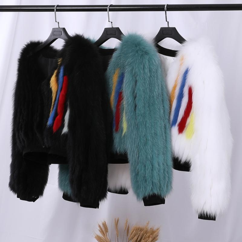 

2020 Women's Winter Genuine Fur Stripes Short Jacket Real Fur Coat V neck Long Sleeve Bomber Jackets Lady Fashion Outerwear, Blue