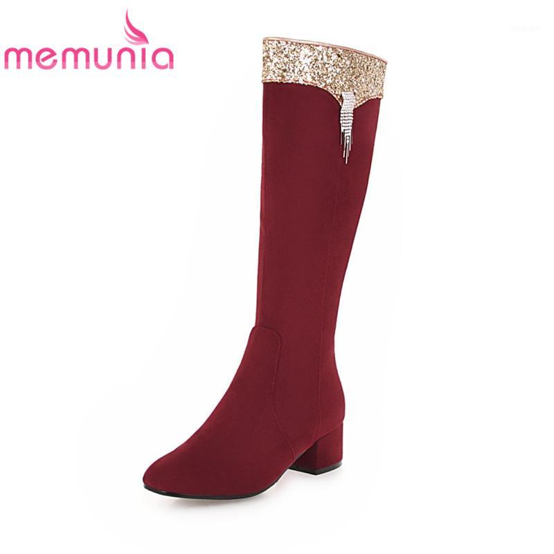 

MEMUNIA 2020 new arrival long boots wine red black flock fashion boots womens round toe 4.5cm high heels knee high1