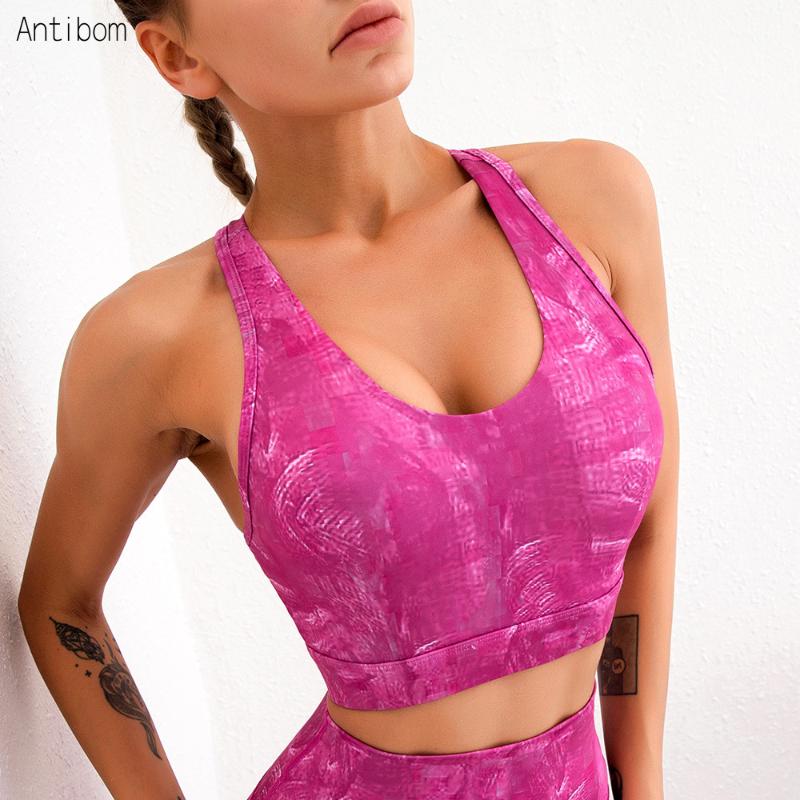 

Antibom Women Sports Bra with Pad Printing High Impact Push Up Fitness Gym Workout Yoga Wear Active Tank Top, Red