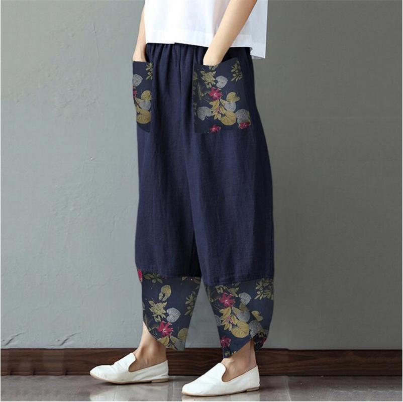 

Line Cotton Wide Leg Pants Floral Printed Pocket Panelled Casual Pant Women Plus Size Loose Trousers