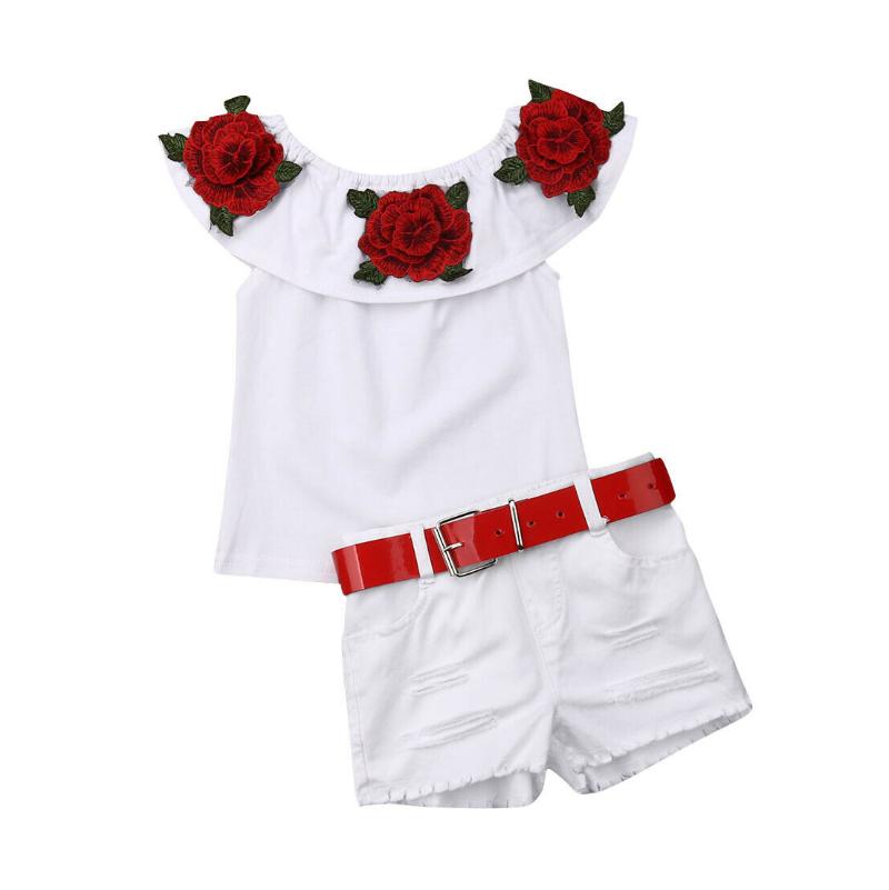 

2021 Newest Style Newborn Baby Fashion Girl Spring Summer Off Shoulder Top Hole Shorts Blet Adorable 3PCS Outfits Set 2-7Years, White