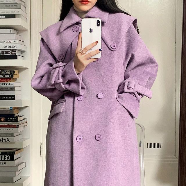 

Women Purple Winter Double Breasted Woolen Coats Turn Down Collar Cuff Korean Sweet Ins Chic Girls Fashion Outwears