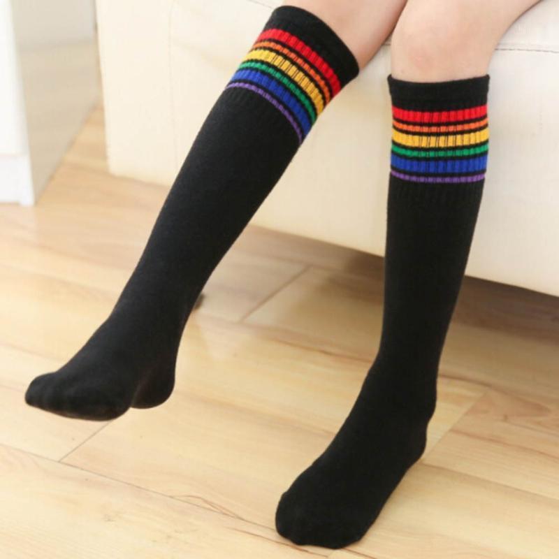 

Girl Boy Rainbow Striped Sports Socks Knee-High Long Sock Football Running Socks For Kids1, Wt