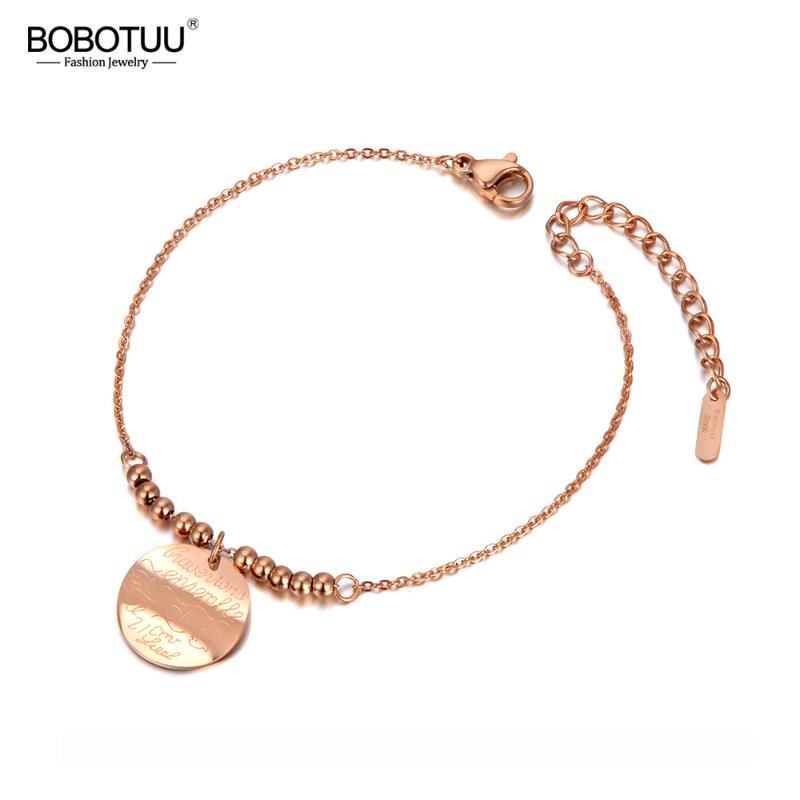 

BOBOTUU Trendy Titanium Stainless Steel Round Tag Charm Bracelets For Women Girls Bohemia Chain & Link Pendant Bracelet BB20048