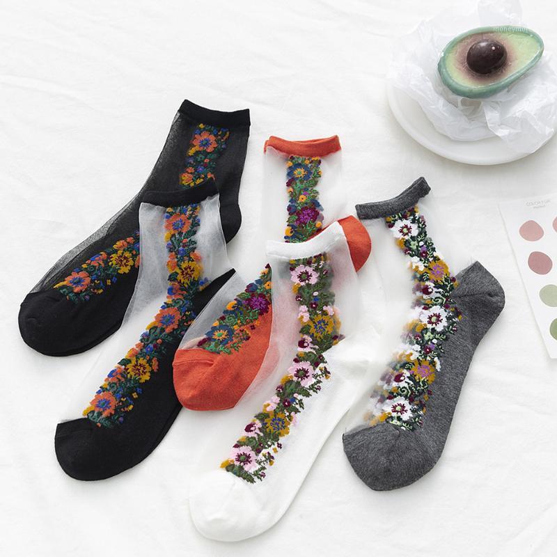 

Lace Mesh Glass Socks Sexy Transparent Stretch Elasticity Funny Socks Net Yarn Thin Women Cool Silk Floral1, Black