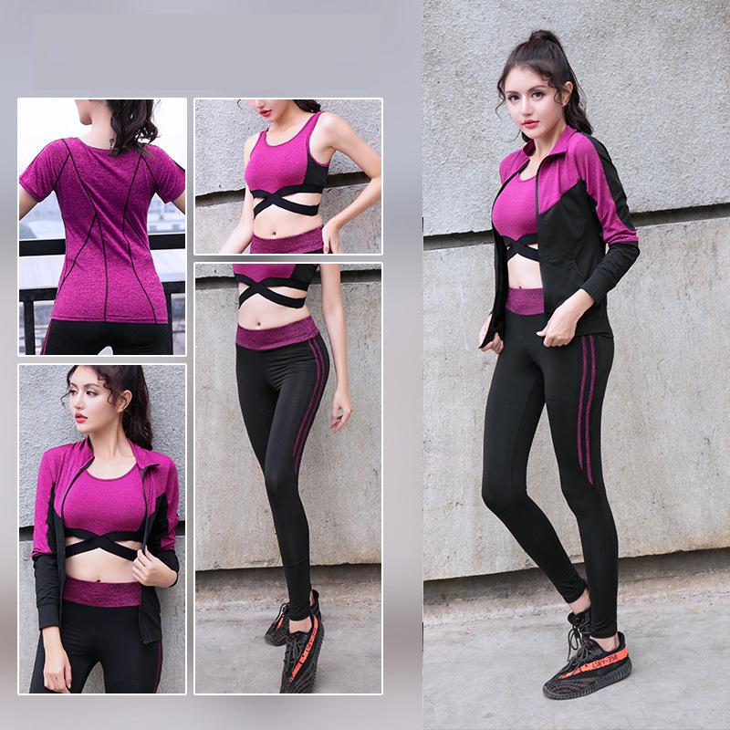 

Quick Dry Yoga Set 4 PCS Workout Tight Sexy Top Sportswear Suit Gym Running Shirt Pants Sport Bra Women' Tracksuit, Red 4pcs set