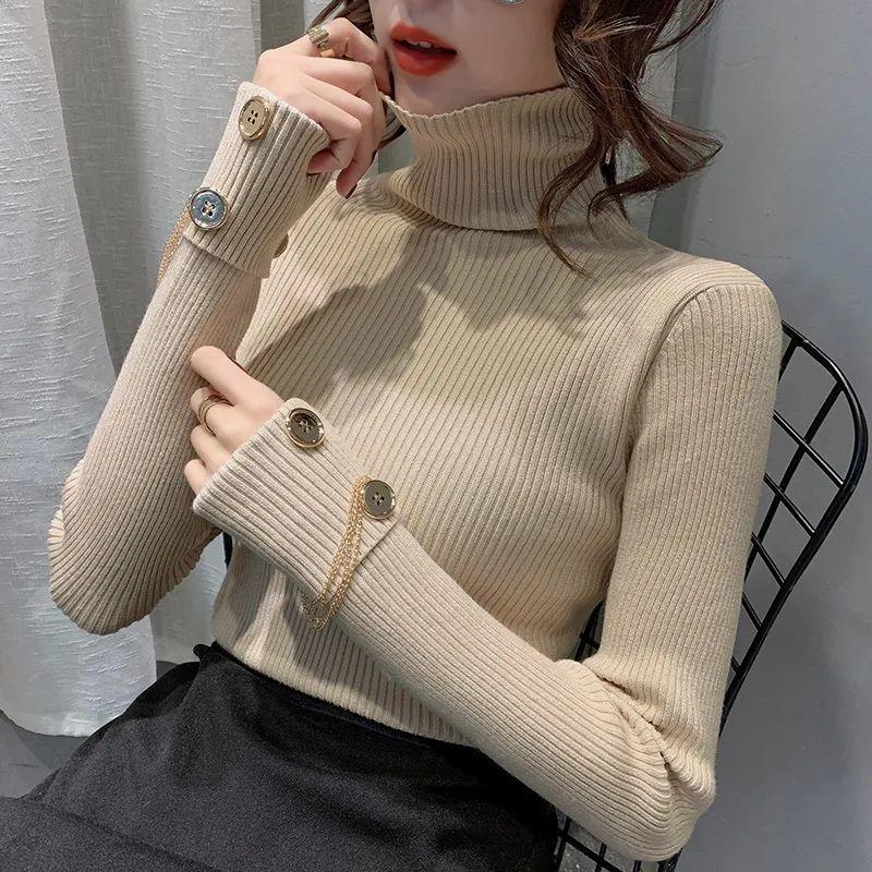 

Women 2021 Autumn Winter Fashion Solid Color Turtleneck Top Female New Long Sleeves Slim Tops Ladies Knitted Bottoming Tops Q357, Green