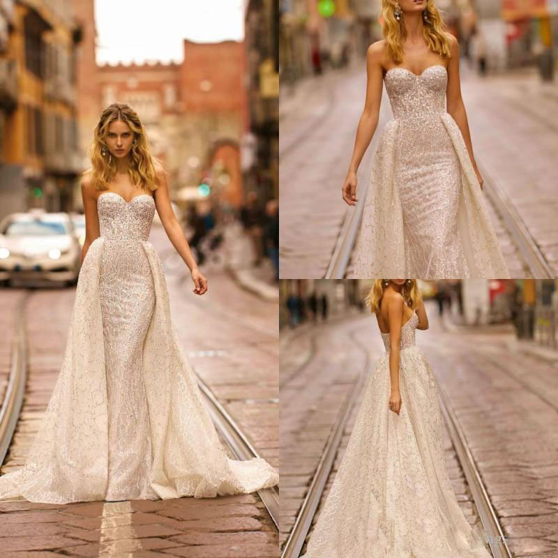 

2021 Berta Luxury Mermaid Wedding Dresses With Train Strapless Crystal Beading Lace Wedding Gowns Sweep Train Vestidos De Novia, Pink