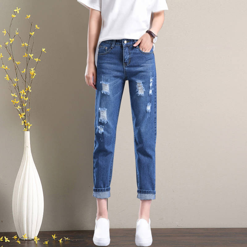 

Ripped loose brem straight for female boyfriend high waist deniharem streetwear pants in fashion baggy white ankle-length jeans