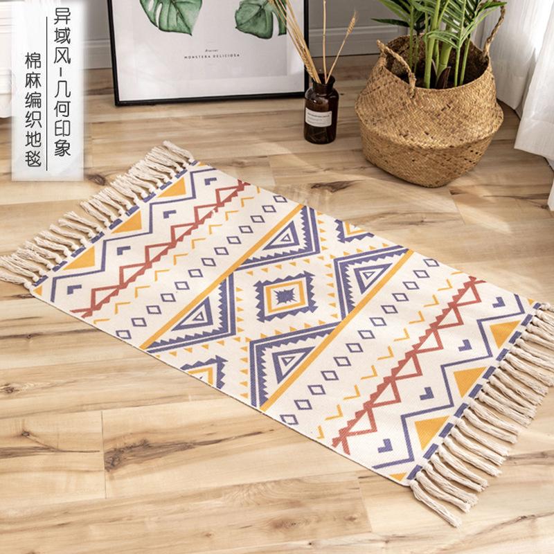 

National Style Bedroom Rug Bathroom Kitchen Indoor Floor Area Rug Cotton and Linen Geometric Pattern Carpet for Home Living Room, No.1