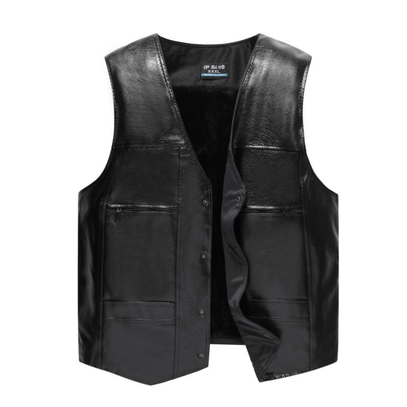 

HOO 2021 more men's PU leather vest fashion v-neck warm vest, Black