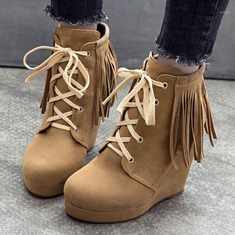 

Boots Women Fashion Wedge Heel Boots High Heels Solid Color Lace-Up Round Toe Women Shoes Zapatos De Mujer Bota Feminina1, Brown