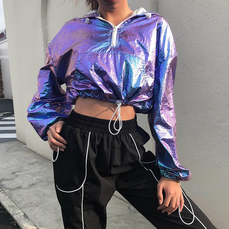 

Europe Candy Blue Purple Glittering Short Coat Women Crop Tops Long Sleeve Zipper Jackets Cool Streetwear Thin Jacket  M L