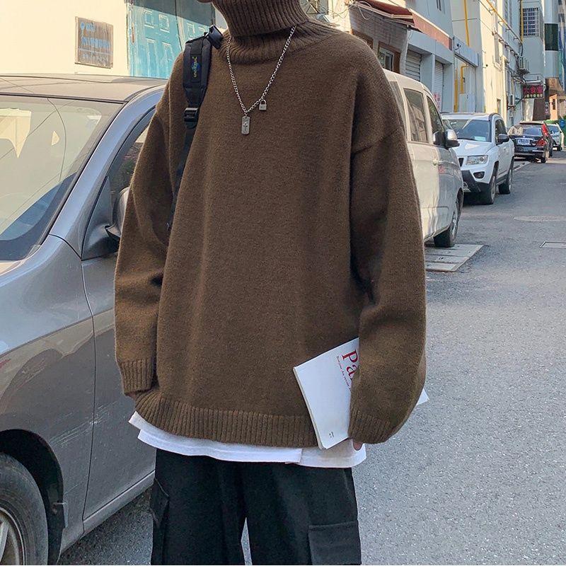 

Men's sweater 2021 Autumn winter new slim solid color turtleneck long-sleeve sweater loose casual personality youth men's wear, Black
