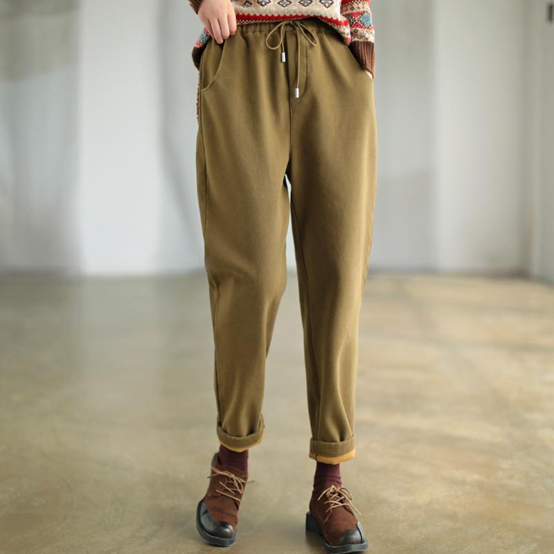 

Johnature 2021 Winter New Leisure All-match Harem Pants Elastic Waist Plush Thickened Loose Comfortable Women Warm Pants, Black