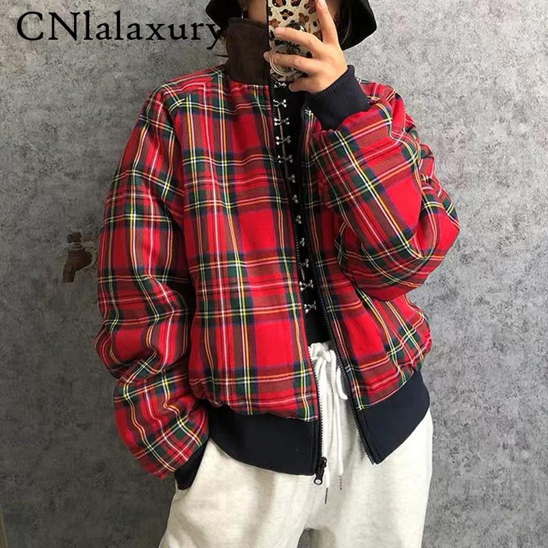

Women Plaid Oversize Parkas Winter Zipper Casual Overcoat Female Warm Elegant Short Cotton Coat Bomber Jacket Autumn Outwear, Black
