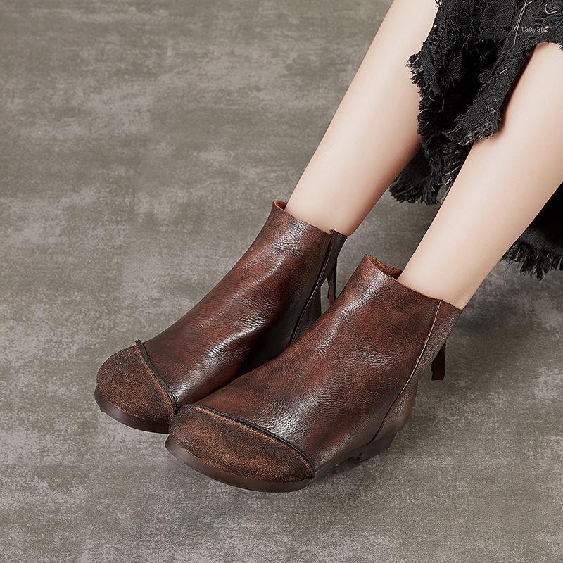 

Huizu American casual women's shoes retro handmade leather fashion frosted stitching short boots women1, Beige