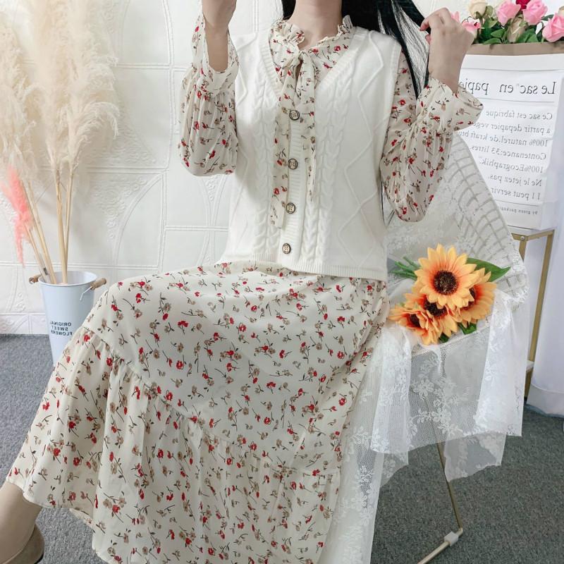 

2021 Women Autumn Winter Slim Dress 2 Pcs Set Lady Single Breasted Vest +Print Pleated Dress Set Female Casual Elegant Suit E155, Black