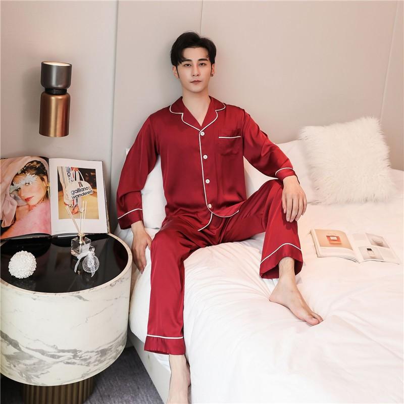 

Casual Satin Solid Sleepwear Couple Sleep Suit Shirt&Pants Silky 2PCS Pajamas Set For Men Nightwear Soft Women Home Clothes, Women burgundy
