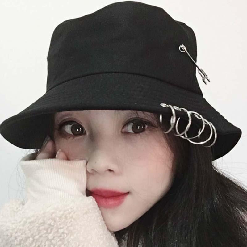 

1PC Unisex Women Men Bucket Hat Pin Rings Sunhat Caps Summer Hats, White