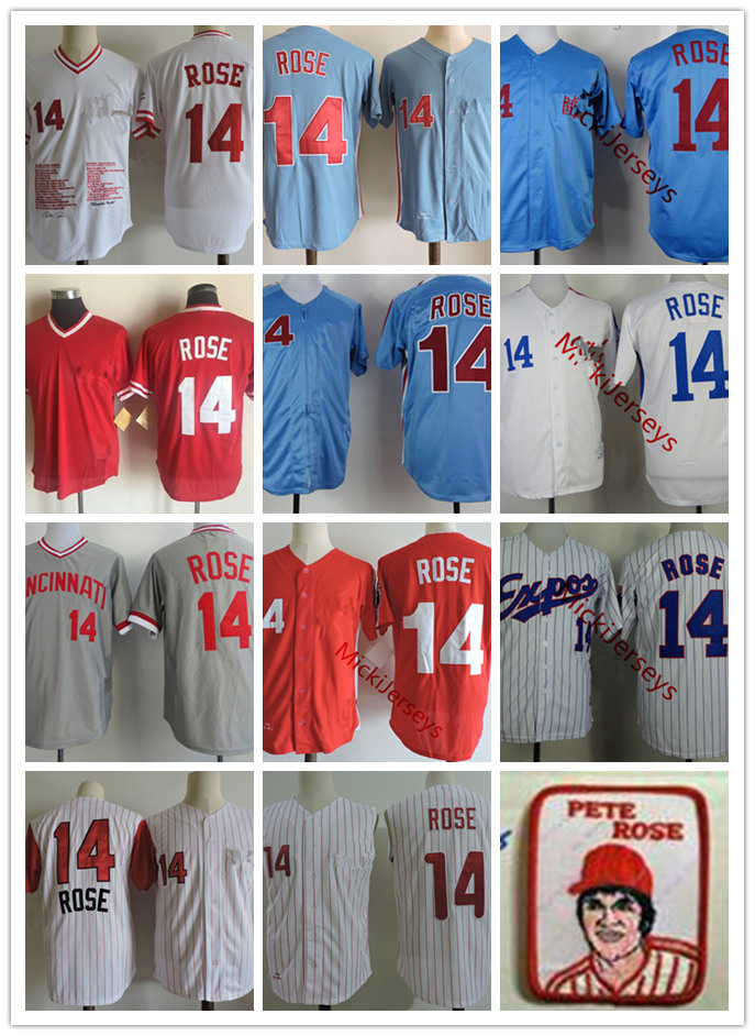 

Mens Montreal Expos Pete Rose Jerseys Stitched Red White Blue Zipper Philadelphia Cincinnati #14 Pete Rose Retirement Jersey S-3XL, 14 pete rose montreal white