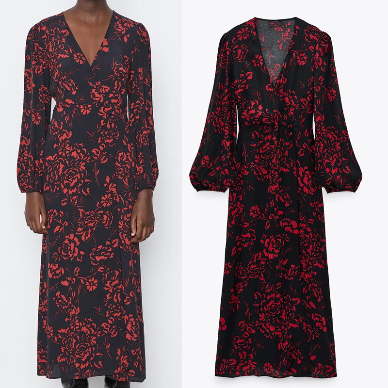 

2021 New Black Printed Midi Women Wrap v Neck Puff Sleeve Long Dress Hem Slit Autumn Winter Vintage Elegant Ladies Dresses 9rmm