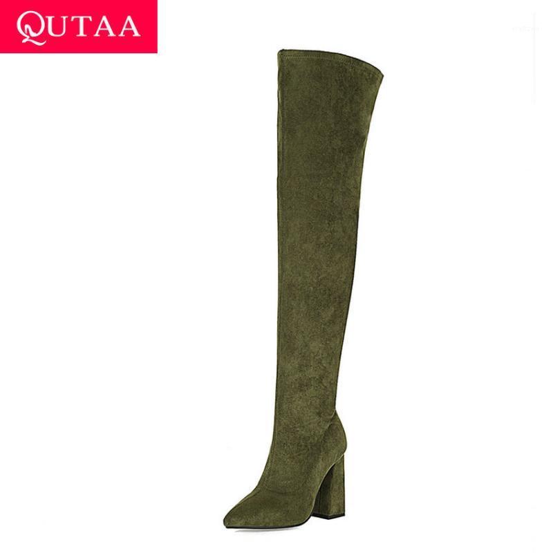 

QUTAA 2021 Thigh High Boots Square High Heel Zipper Women Long Boots Autumn Winter Pointed Toe PU Flock Ladies Shoes Size 34-431, Green