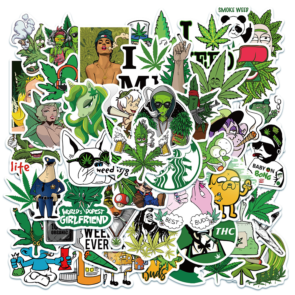

50Pcs/Lot Funny Characters Leaves Weed Smoking Graffiti Stickers Bike Travel Luggage Guitar Laptop PVC Waterproof Cool Sticker