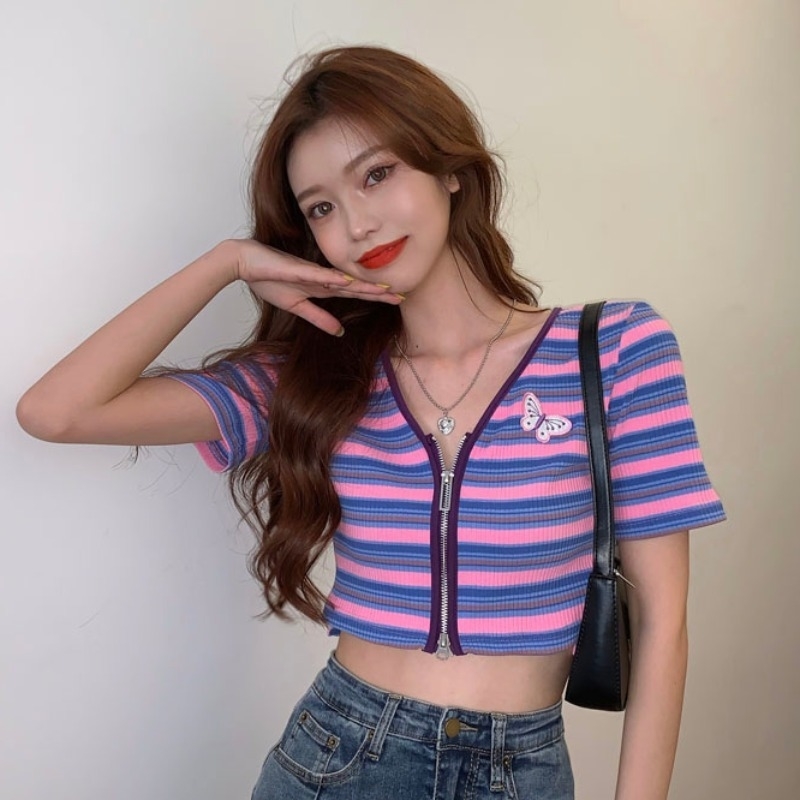 

Colorful Striped Knitted T Shirt Women Crop Top Short Sleeve Zipper Petite Sexy Tee Shirt Femme Camiseta Feminiina Camisa Mujer Y200824, Beige