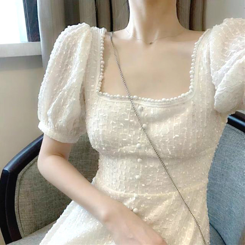 

2021 Vintage Fairy French Chiffon Mini Casual Square Collar Hepburn Style Korean Kawaii Women New Sw7y, Beige