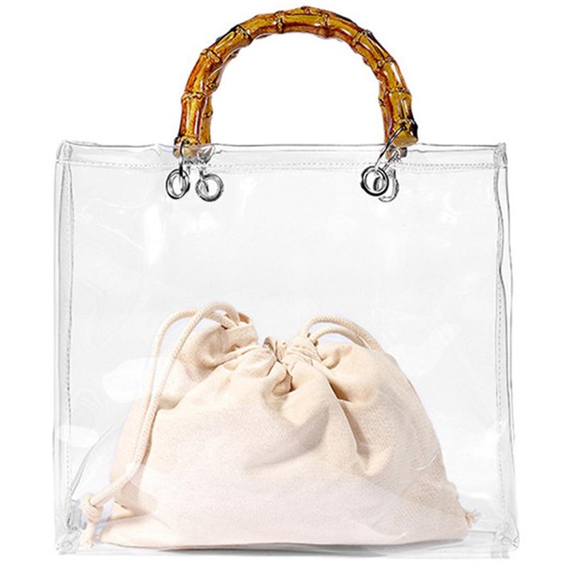 

Bamboo Handle Clear Jelly Bag Tote Transparent Pvc Beach Hand Bags Fashion Korean Casual Handbag Handbags Bag For Women Female, Clear beige